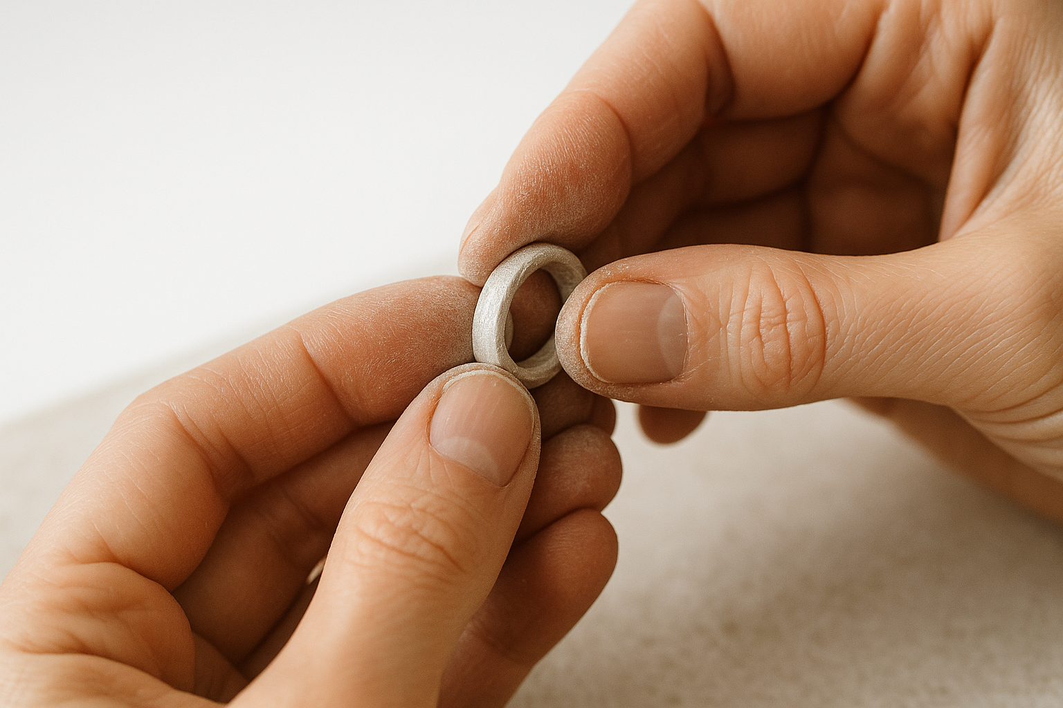 generate an image of a ring band being made using silver clay; close up image of the hands only; natural lighting; bright white clean background